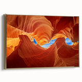 Framed canvas depicting a serene Arizona Antelope Canyon landscape in warm earth tones, suitable as wall art for a bedroom.