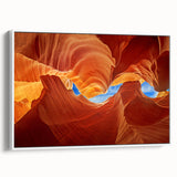 Vintage poster art of Antelope Canyon in Arizona on a large framed canvas, featuring a contrast of black and colorful hues.