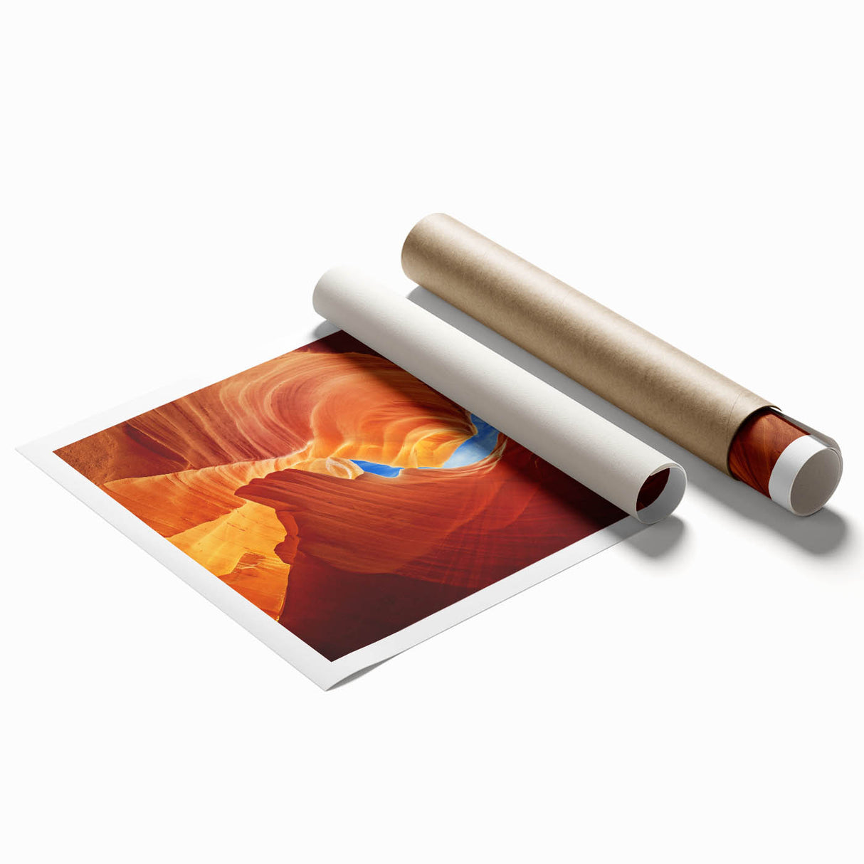 Extra large rolled print of Antelope Canyon in Arizona with vivid orange and red rock formations.