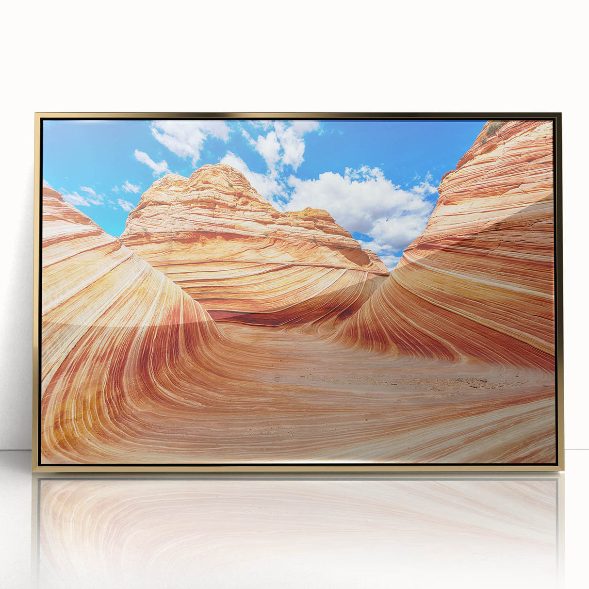 Framed acrylic print of Coyote Buttes in Arizona, showcasing earthy tones and mid-century modernist style.