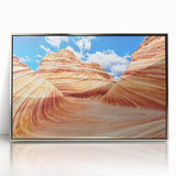 Mid-century modernist art depicting Arizona's Coyote Buttes in pastel shades on a framed acrylic.