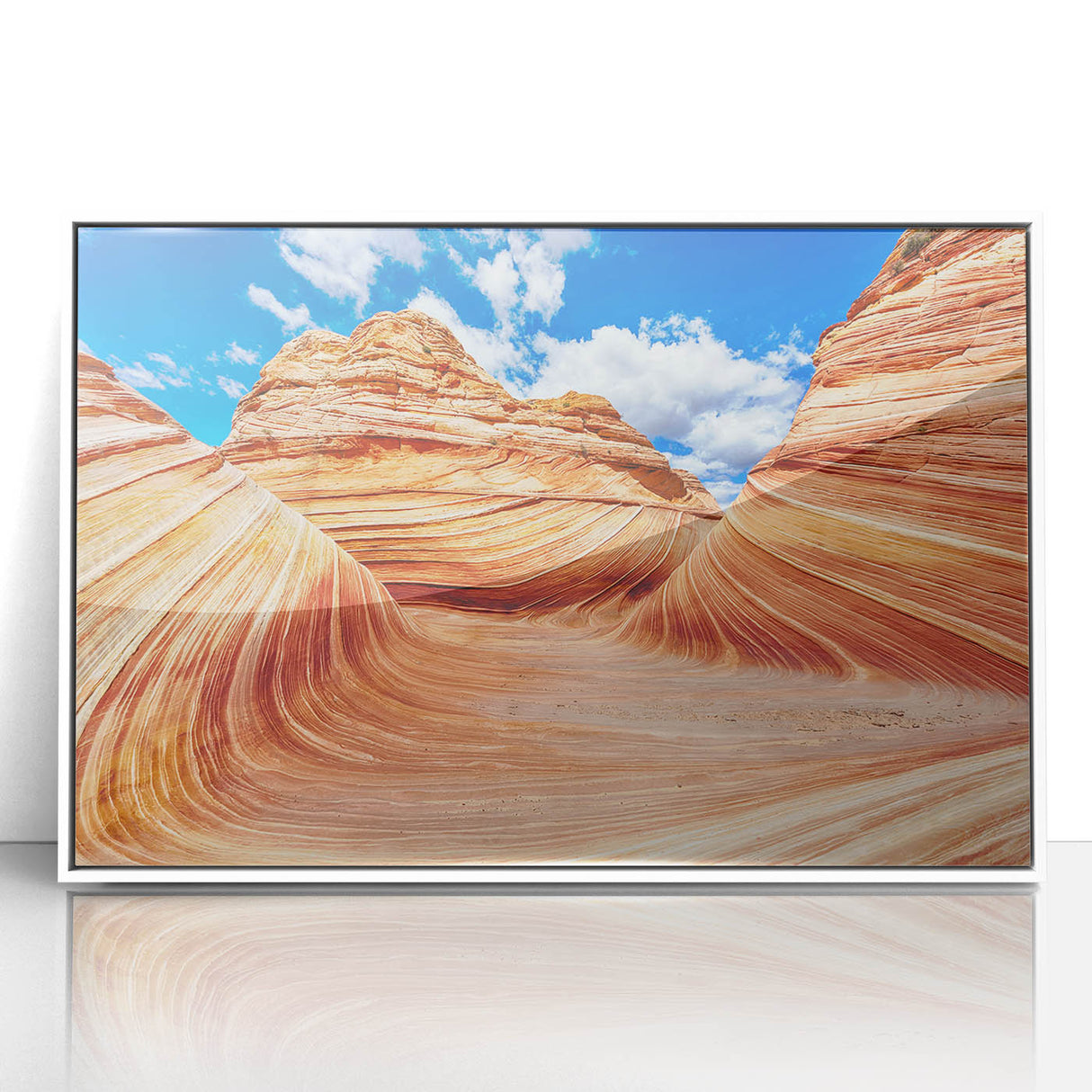Modern art wall decor depicting Arizona's Coyote Buttes in muted earth tones on a framed acrylic panel.