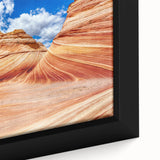 Framed canvas featuring a textured close-up of Arizona's Coyote Buttes in black with colorful accents.