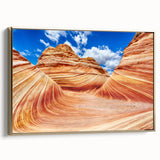 Framed canvas depicting the Coyote Buttes in Arizona, in golden and black tones, suitable for bedroom wall art.