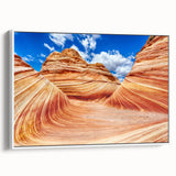 Framed canvas vintage poster art of Arizona's Coyote Buttes in vibrant colors, ideal for living room decor.