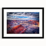 Colorful abstract art print of the Grand Canyon in vibrant hues on a large textured canvas, ideal for living room decor.