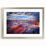 Textured abstract art print of the Grand Canyon in muted earth tones on a framed canvas, suitable for bedroom decor.