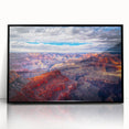 Large abstract wall art of the Grand Canyon in muted earth tones, framed in black acrylic.