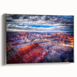 Framed canvas of the Grand Canyon in vibrant colors, ideal for living room decor.