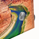 Mid-century modernist acrylic print of Horseshoe Bend in Arizona, featuring large abstract shapes and earthy tones.