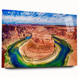 Acrylic print of Horseshoe Bend in Arizona, featuring earthy red and blue tones, ideal for bedroom or dining room art.