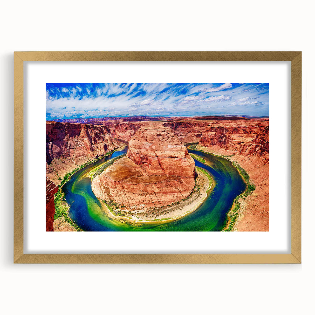 Extra large wall art featuring textured abstract print of Arizona's Horseshoe Bend in gold frame.