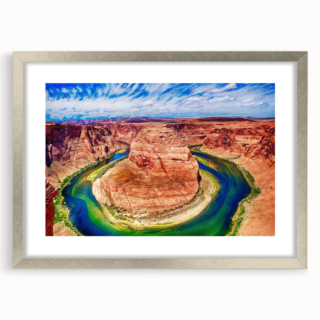 Textured art print of Horseshoe Bend in Arizona, featuring earthy tones on a framed silver mat, ideal for bedroom art.