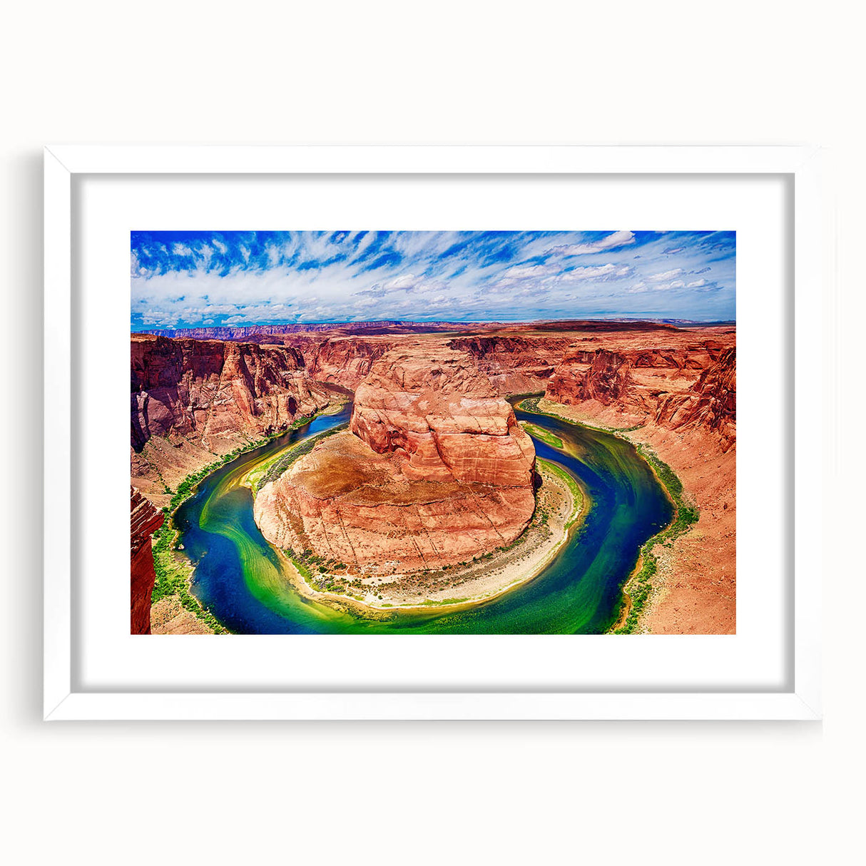 Abstract art print of Horseshoe Bend in Arizona with muted earth tones on a framed white mat, ideal for dining room decor.