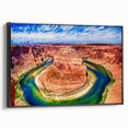 Framed canvas of a black and white Horseshoe Bend landscape, ideal for bedroom wall decor.