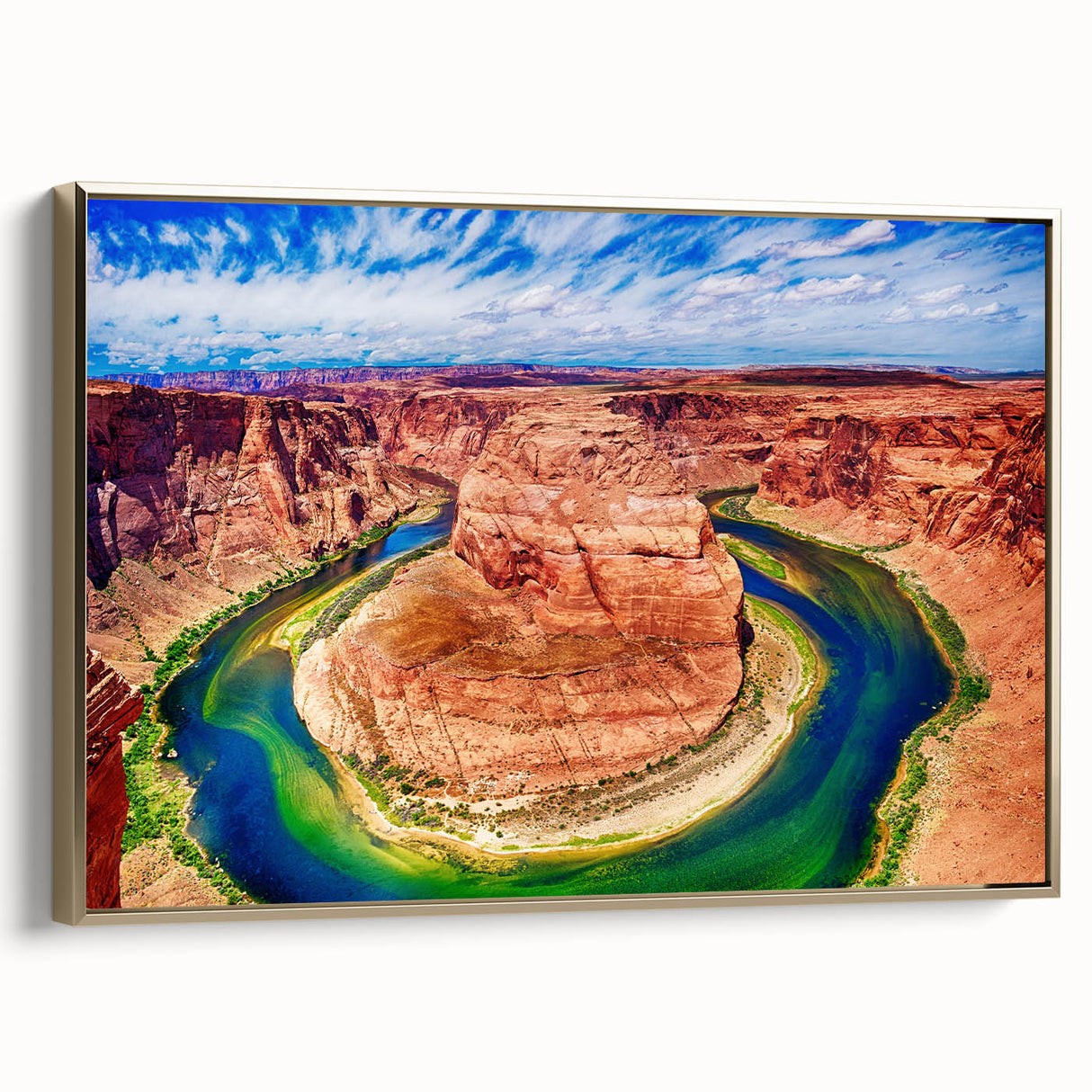 Framed canvas of Horseshoe Bend in Arizona, featuring a landscape painting with gold and black hues.