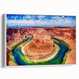 Vintage poster art of Horseshoe Bend, Arizona, in vibrant colors on a large framed canvas, suitable for living room decor.