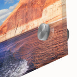 Large abstract wall art of Lake Powell in Arizona on acrylic glass, using vivid blue and orange tones.