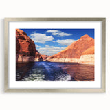 Textured art of Lake Powell in muted earth tones on a framed silver mat, ideal for bedroom art ambiance.