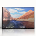 Framed acrylic print of Lake Powell with large abstract wall art in shades of blue and orange.
