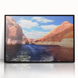 Framed acrylic print of Lake Powell with large abstract wall art in shades of blue and orange.