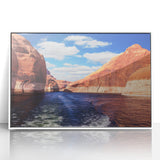 Framed acrylic print of Lake Powell with vivid blue and turquoise water, ideal for modern art wall decor.
