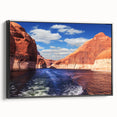 Black and white framed canvas featuring Lake Powell landscape, ideal for bedroom wall art in a vintage poster style.