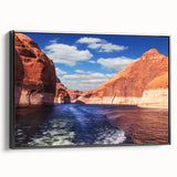 Black and white framed canvas featuring Lake Powell landscape, ideal for bedroom wall art in a vintage poster style.