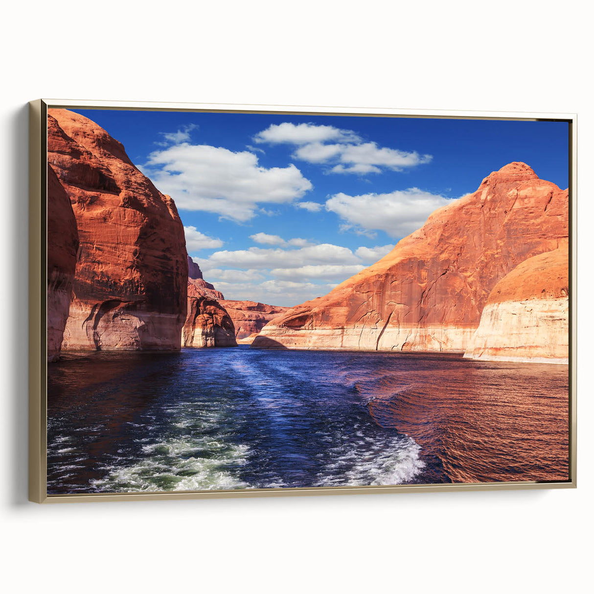 Vintage poster art of Lake Powell on a framed canvas in black and gold, ideal for bedroom wall decor.