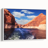 Vintage poster art of Lake Powell, Arizona, with vibrant blue and orange tones on a large framed canvas.