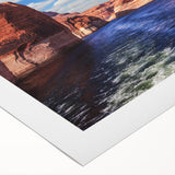 Art deco poster of Lake Powell with vivid blue and orange hues on rolled canvas, suitable for dining room wall art.