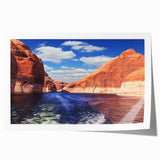 Rolled print of Lake Powell, Arizona, featuring serene blue and tan landscape, ideal as art wall for dining room.