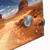 Mid-century modernist Monument Valley scene in muted earth tones on large acrylic glass, ideal for dining room art.