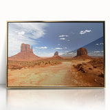 Mid-century modernist acrylic print of Monument Valley in earthy red and orange tones, ideal for modern art wall decor.