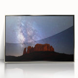 Mid-century modernist art of Sedona landscape in muted earth tones on a silver-framed acrylic print.