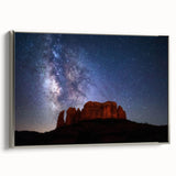 Framed canvas featuring a vintage-style landscape art painting of Sedona’s red rock formations under a vibrant blue sky.