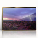 Large art print of Sonoran Desert with saguaro cacti, acrylic framed in gold, mid-century modernist style.