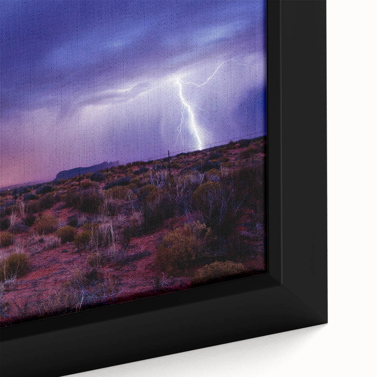 Close-up of black wall art featuring a textured Arizona Sonoran desert scene on framed canvas, ideal for living room decor.