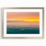 Textured abstract art print of Arkansas scenery in muted earth tones, framed in silver, ideal for bedroom art.