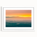 Abstract art print of Arkansas scenery in muted earth tones on a white framed canvas, ideal for dining room decor.