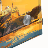 Mid-century modernist large abstract art print of Alcatraz, featuring muted earth tones on acrylic glass.