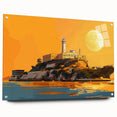 Acrylic print of Alcatraz Island with subdued ocean and sky colors, suited for bedroom or dining room wall art.