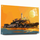 Acrylic print of Alcatraz Island with subdued ocean and sky colors, suited for bedroom or dining room wall art.