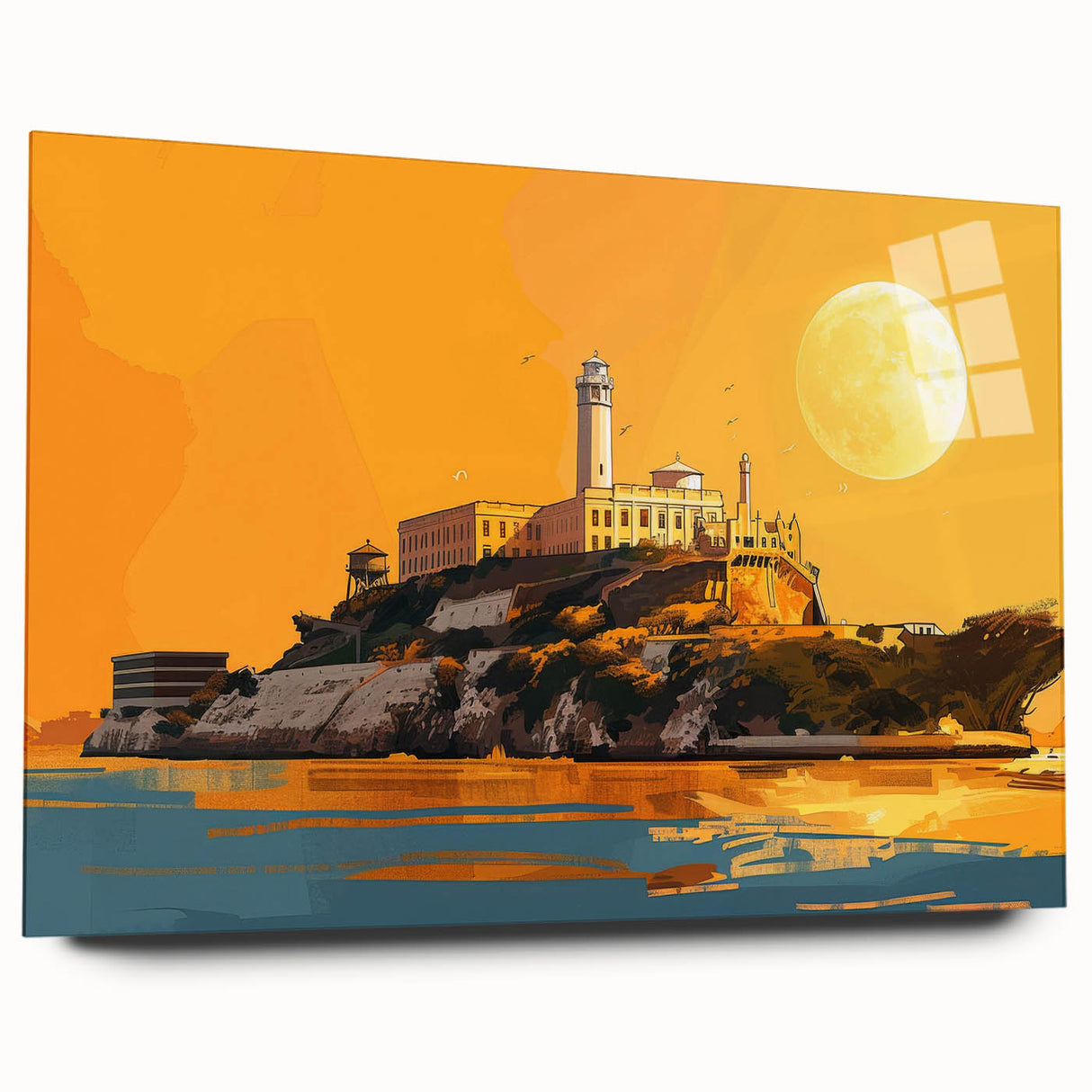 Acrylic glass print of Alcatraz Island in muted gray and blue tones, ideal for bedroom or dining room art.
