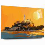Acrylic glass print of Alcatraz Island in muted gray and blue tones, ideal for bedroom or dining room art.