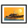 Abstract art print of Alcatraz in colorful, textured tones on a large framed canvas, ideal for living room decor.