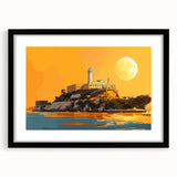 Abstract art print of Alcatraz in colorful, textured tones on a large framed canvas, ideal for living room decor.
