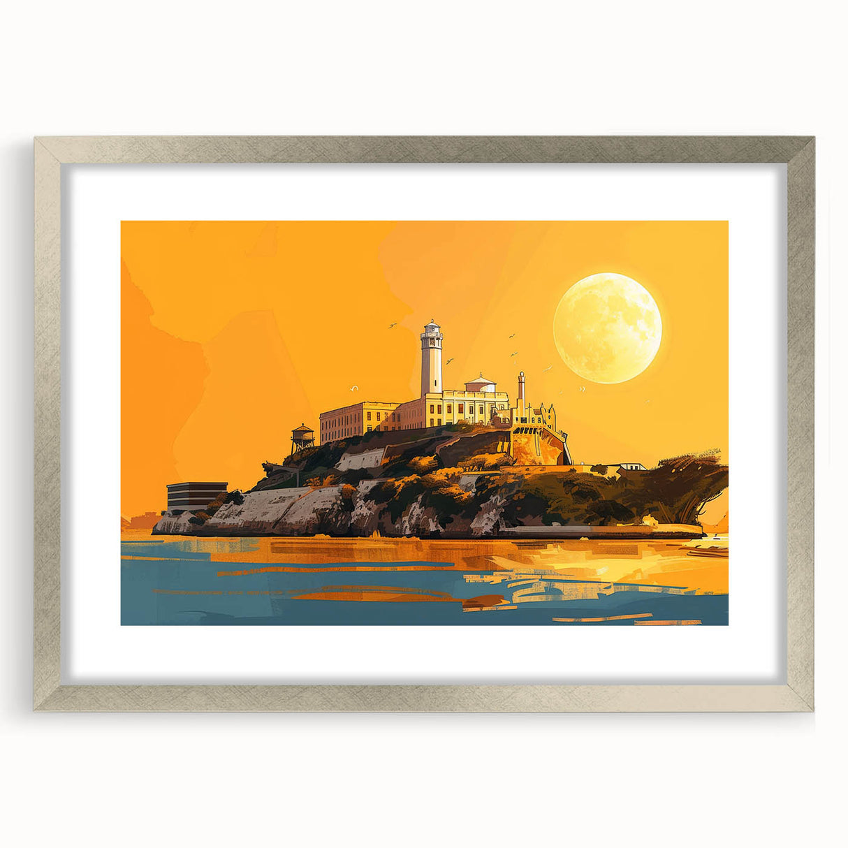 Textured abstract art print of Alcatraz in muted gray and blue tones, framed in silver, ideal for bedroom wall decor.