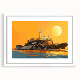 Abstract art print of Alcatraz Island with muted blue and gray tones on a white framed poster, ideal for dining room decor.