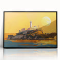 Large abstract wall art depicting Alcatraz Island in muted gray and blue tones on a framed acrylic panel.